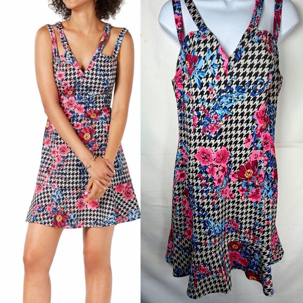 Guess Women's houndstooth A-Line floral mini dress y2k sz 8 black edgy party